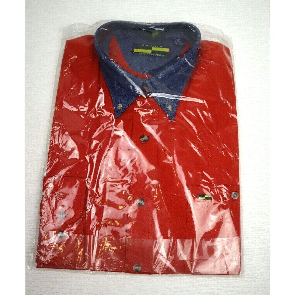 SAVOIA SPORTSWEAR - MEN'S ORANGE LONG SLEEVE BUTTON-UP SHIRT W/ DENIM COLLAR- L